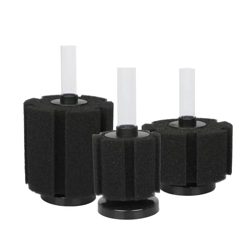 Black biochemical sponge filter components including a housing and clear tube for an aquarium air pump