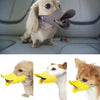 A small dog is wearing a yellow training muzzle for quack-free training.