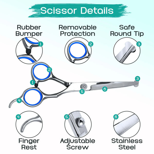 A set of stainless steel grooming scissors featuring a rubber bumper, removable protection, round tip, finger rest, adjustabl