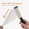 A hand holds a roll of tear-off roll paper with a diagonal tear design for easy use.
