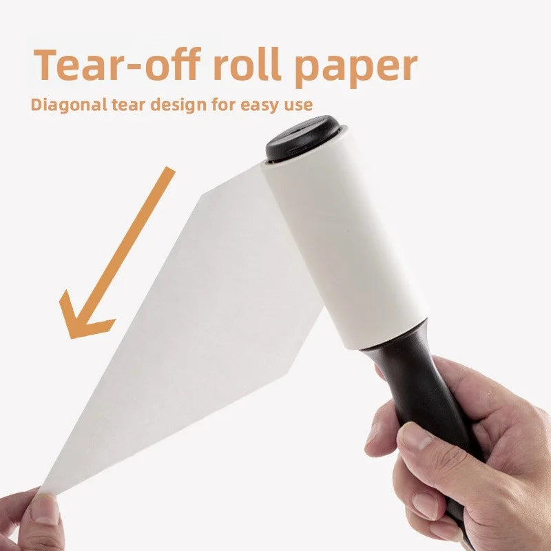 A hand holds a roll of tear-off roll paper with a diagonal tear design for easy use.