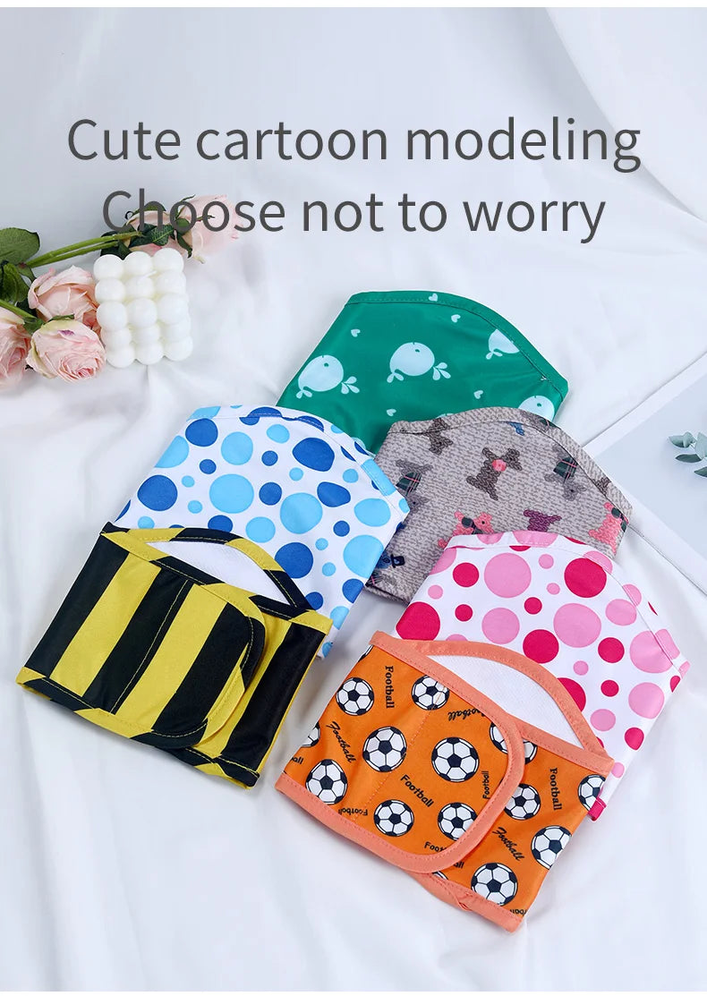 Assortment of cute cartoon modeling reusable washable sanitary pants for male dogs in various colors and patterns
