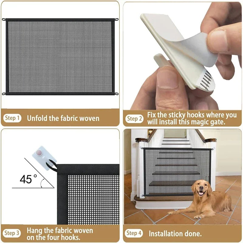 Instructions for installing a fabric woven pet safety gate using four sticky hooks.