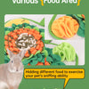 A rabbit is shown near a mat with various food items hidden to exercise its sniffing ability.