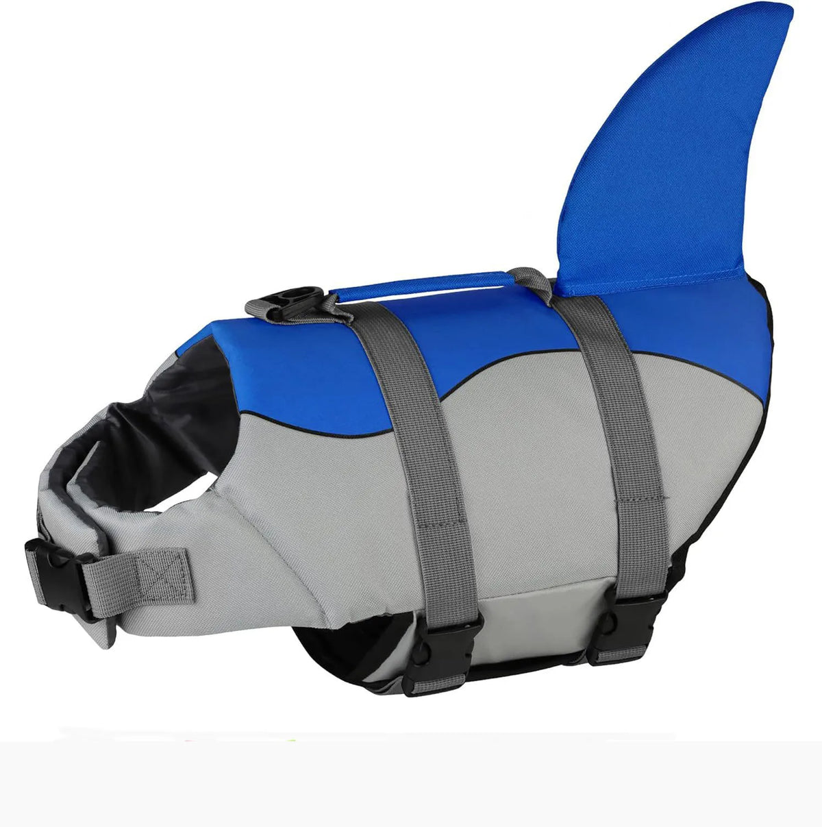 Blue and gray dog life jacket with a fin for swimming