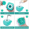 A four-step guide showing how to use a silicone pet bath massage brush with foam maker for bathing pets.