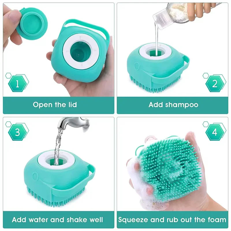 A four-step guide showing how to use a silicone pet bath massage brush with foam maker for bathing pets.