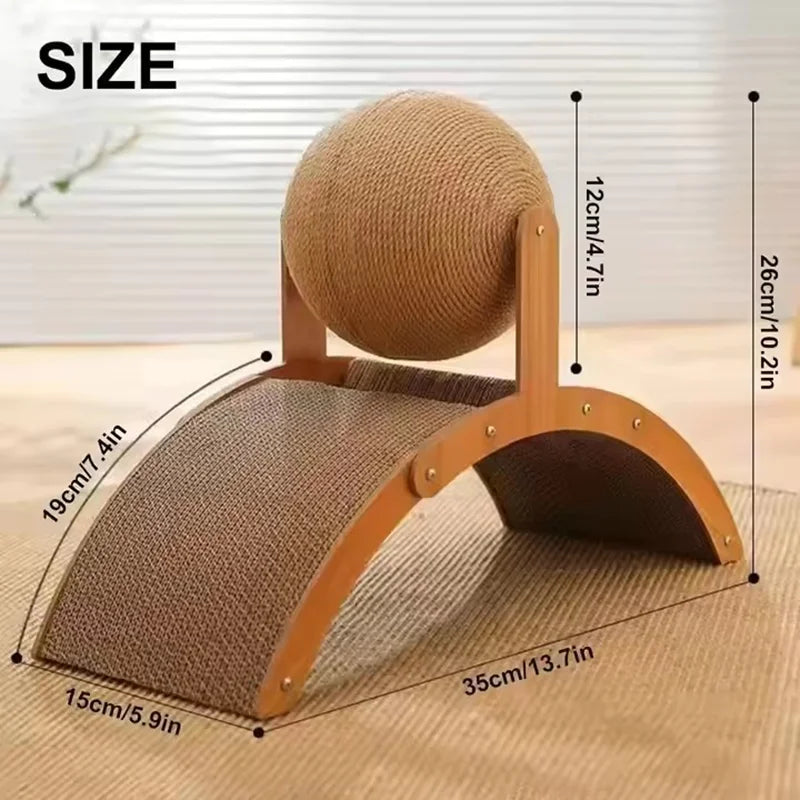 A wooden cat scratcher featuring a rotating sisal ball for scratching, shown in a side view.