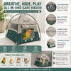 A breathable mesh foldable pet tent for small animals shown with various pets and a happy owner.