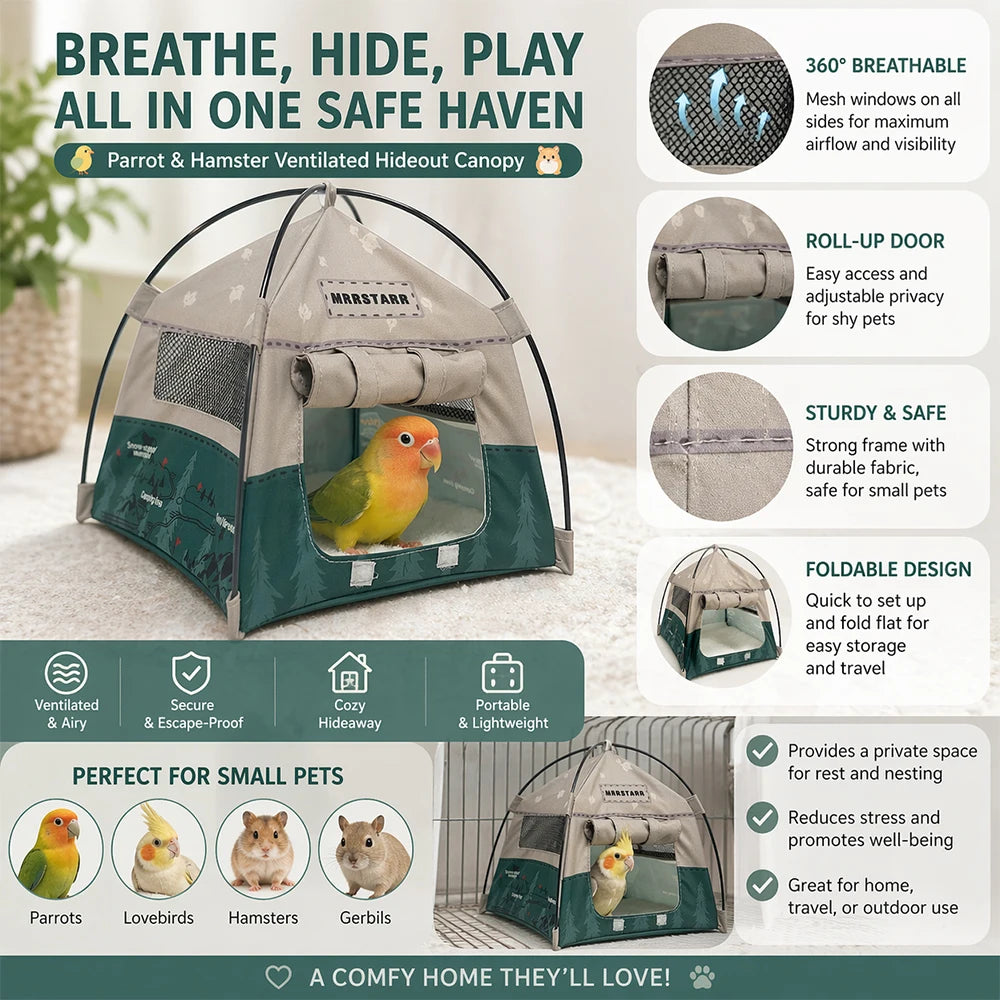 A breathable mesh foldable pet tent designed as a safe haven for small animals like parrots, hamsters, and gerbils.