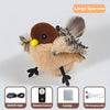 A large sparrow cat toy with a remote control and USB charging cable shown next to accessories.