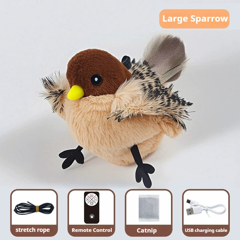 A large sparrow cat toy with a remote control and USB charging cable shown next to accessories.