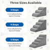 Three sizes of gray foam pet stairs ramps available: 3 steps up to 17 inches, 4 steps up to 21 inches, and 5 steps up to 24 i