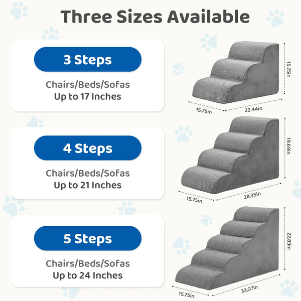 Three sizes of gray foam pet stairs ramps available: 3 steps up to 17 inches, 4 steps up to 21 inches, and 5 steps up to 24 i
