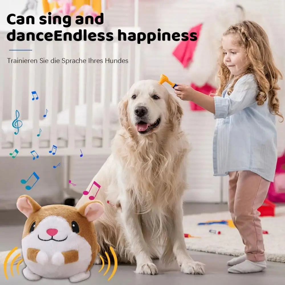 A young girl interacts with a dog and an interactive pet toy featuring a shake and jump ball.
