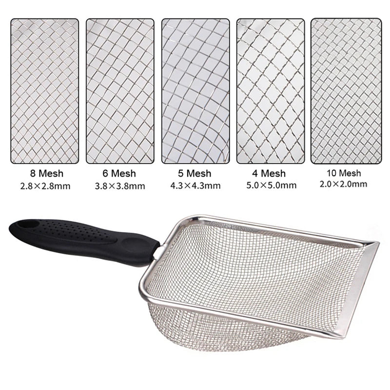 Stainless steel pet poop shovel with various mesh sizes for scooping and cleaning
