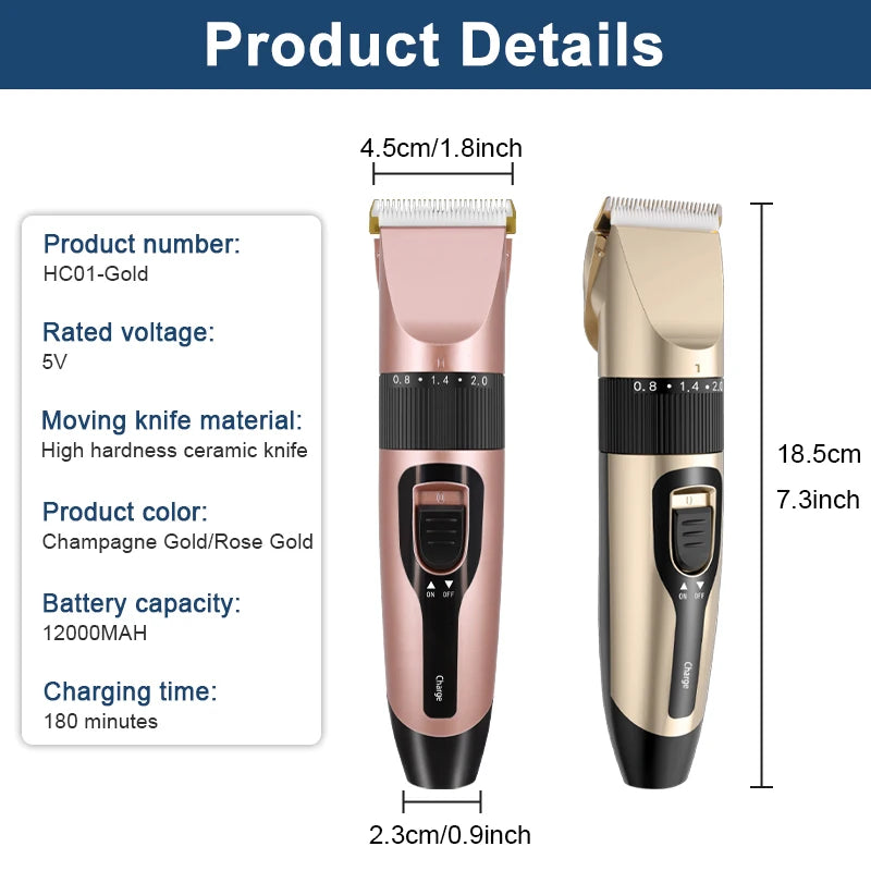A beige and gold cordless pet grooming clipper with a pink body and black accents shown next to its dimensions.