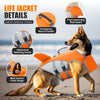 An orange and gray life jacket for a dog, featuring various details like a rescue handle and retaining buckle.