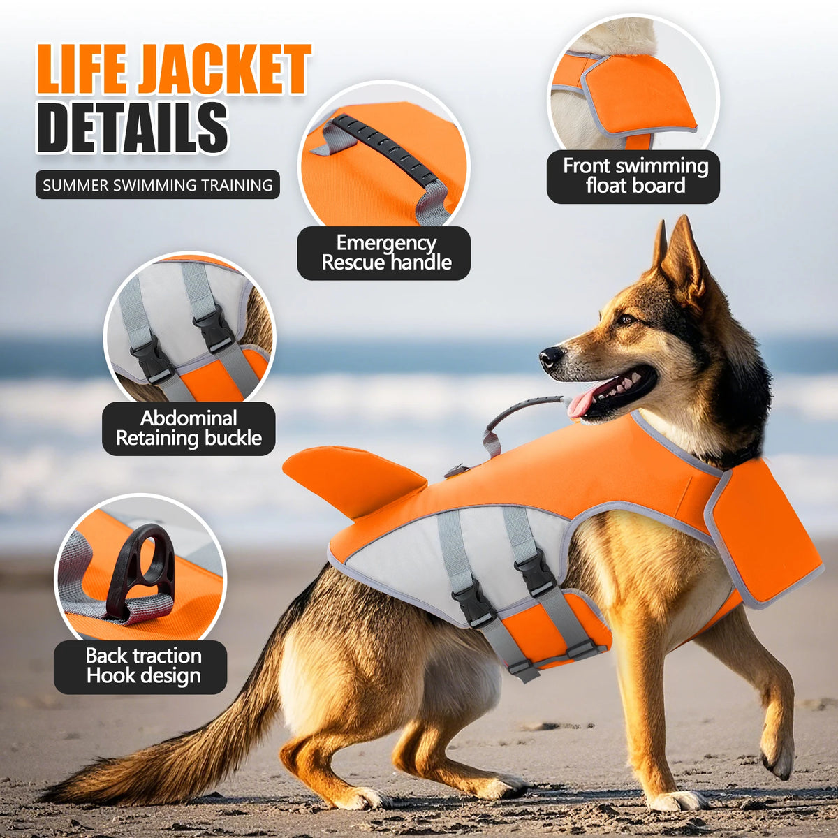 An orange and gray life jacket for a dog, featuring various details like a rescue handle and retaining buckle.
