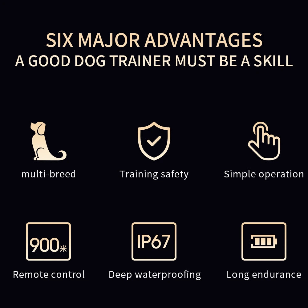A set of six advantages for a good dog trainer, including multi-breed compatibility, training safety, simple operation, IP67 