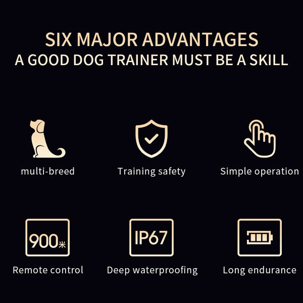 A set of six advantages for a good dog trainer, including multi-breed compatibility, training safety, simple operation, IP67 