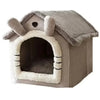 A light beige pet house with a sloping roof and ear-like decorations, designed as a detachable dog bed.
