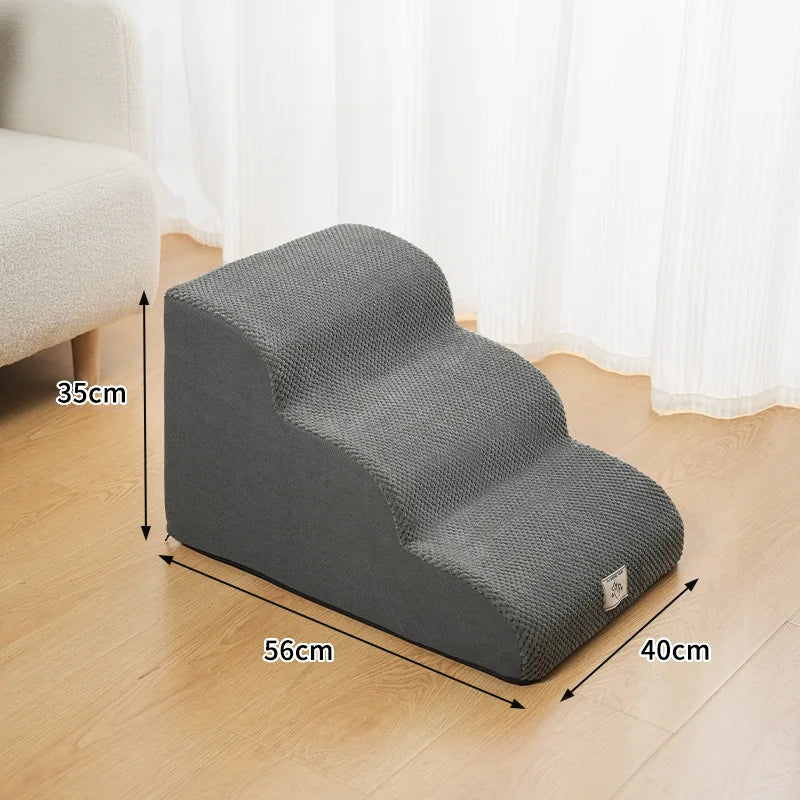 Gray washable non-slip pet stairs designed for climbing onto a bed or sofa.