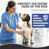 A veterinarian shows a dog wearing a black calming headgear for protection and comfort.