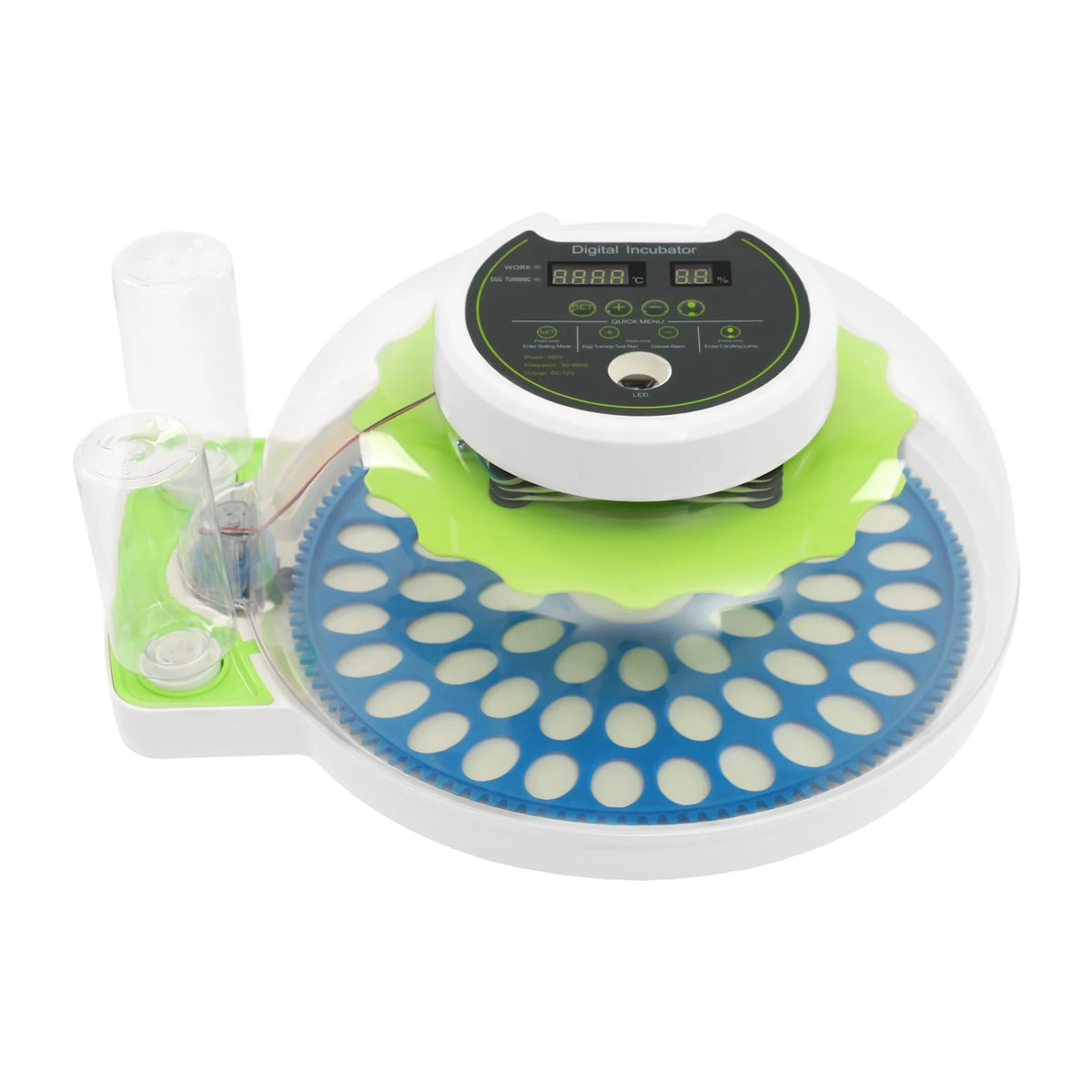 Weiße digitale Inkubator mit klarer Plattform und runder weißer Bedienpanel für Vogel-Eier.