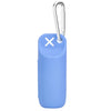 A light blue silicone dog poop bag dispenser with a silver clip and an 'X' mark on the top.