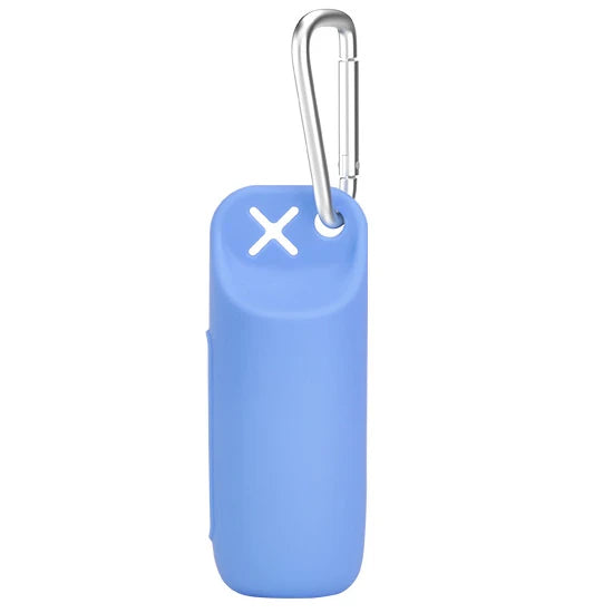 A light blue silicone dog poop bag dispenser with a silver clip and an 'X' mark on the top.