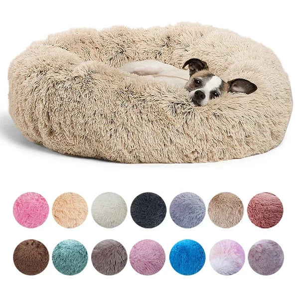A beige ultra-soft plush pet bed filled with fluffy material, shown alongside a variety of colored pet beds.