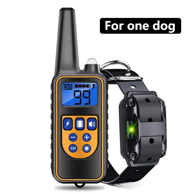 A black waterproof remote dog training collar with an LCD display and various control buttons.
