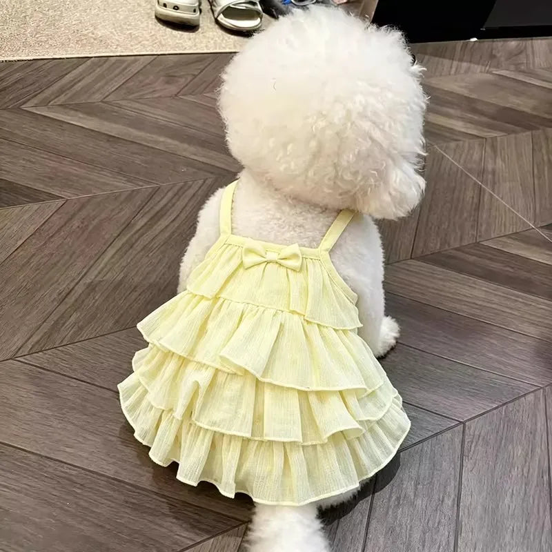 A fluffy white dog wearing a yellow ruffled summer strap dress.