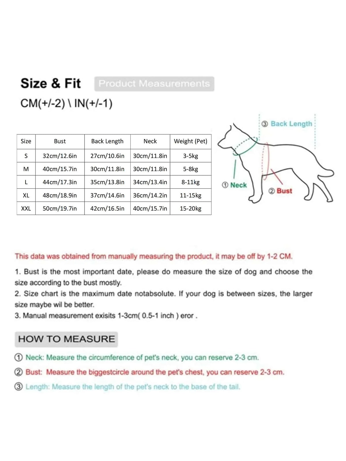 Size and fit chart for a dog sweater showing measurements like bust, back length, neck, and weight.