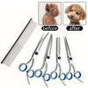 Set professioneller Edelstahl-Grooming-Schere mit Vorher-Nachher-Bildern des Tierfells.