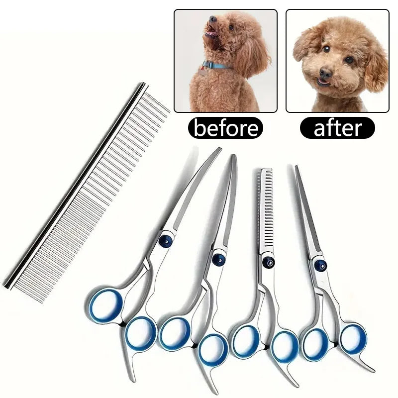 Set professioneller Edelstahl-Grooming-Schere mit Vorher-Nachher-Bildern des Tierfells.