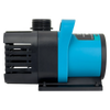 A black and blue submersible water pump with a threaded inlet and a protective grille.