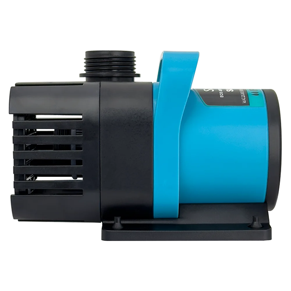 A black and blue submersible water pump with a threaded inlet and a protective grille.