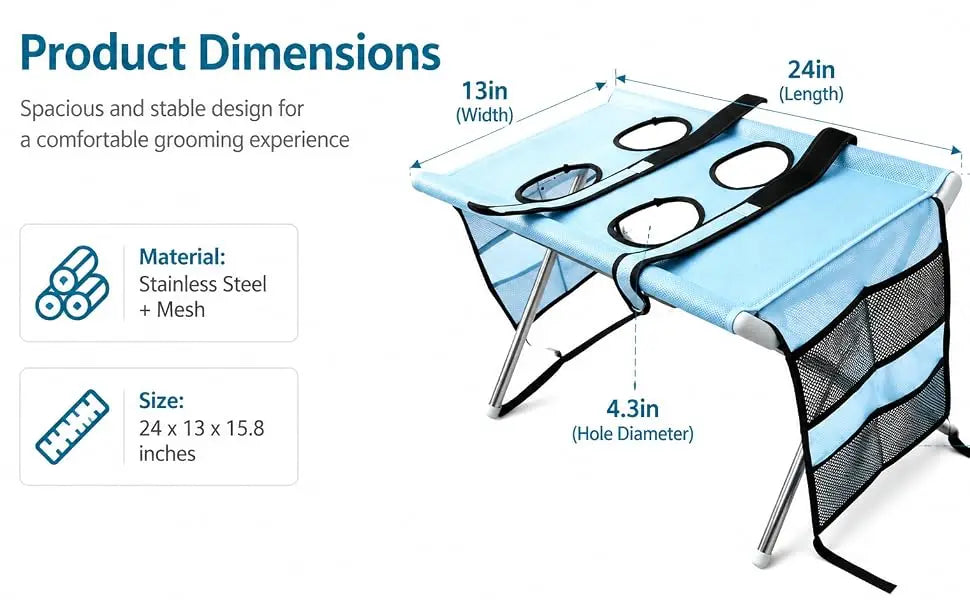 A light blue pet grooming hammock with a stand, featuring stainless steel and mesh materials for nail trimming.