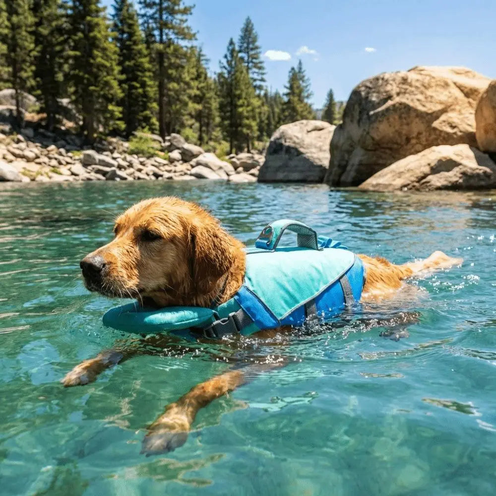 A golden retriever wearing a blue life jacket swims in clear, turquoise water surrounded by rocks and evergreen trees.