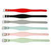 A set of five wide leather dog collars in red, black, gray, light blue, and mint green.