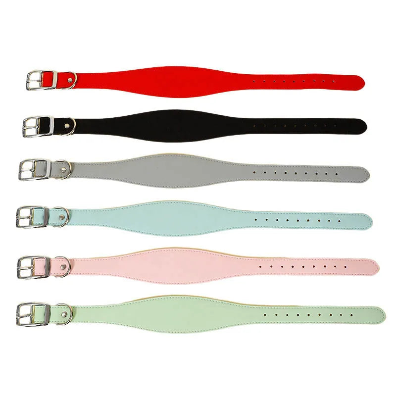 A set of five wide leather dog collars in red, black, gray, light blue, and mint green.