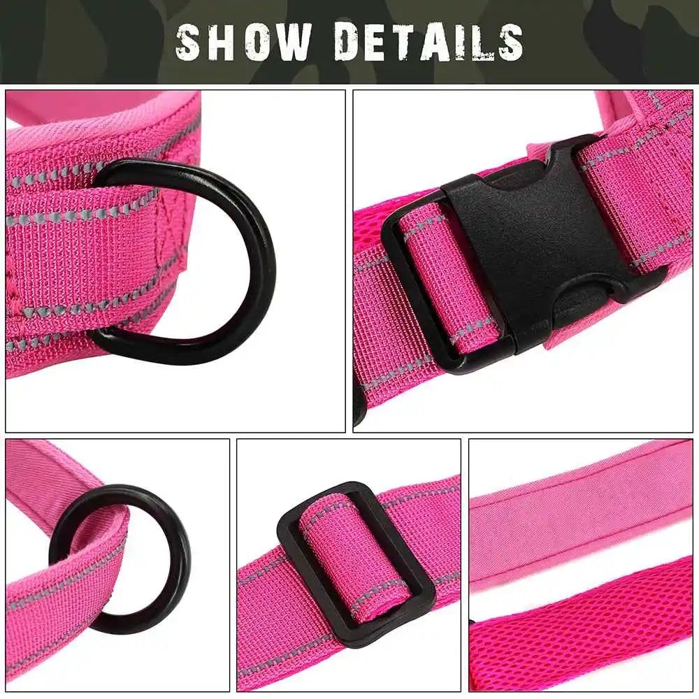 Close-up view of a pink tactical anti-pull dog harness showing various components and stitching details.