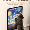 A tabby cat is scratching against a sisal wall-mounted board decorated with a starry night sky.