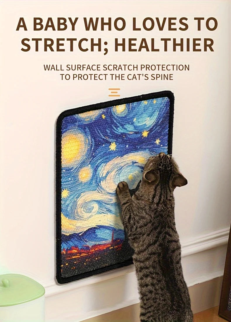 A tabby cat is scratching against a sisal wall-mounted board decorated with a starry night sky.