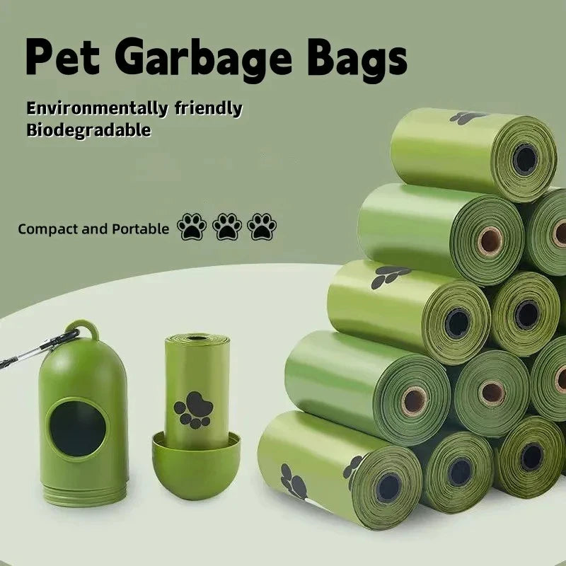 Rolls of environmentally friendly biodegradable pet garbage bags in a light green color.