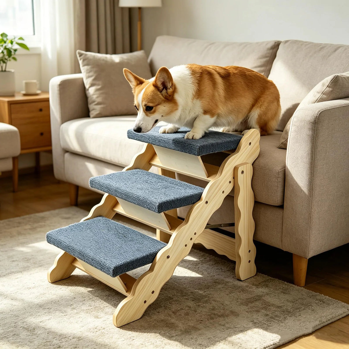 Ein flauschiger orange-weißer Hund ruht auf einer Holztreppenrampe in einem Wohnzimmer.
