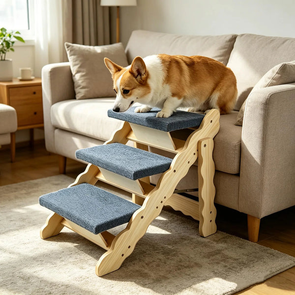 A fluffy orange and white dog is resting on a wooden pet stair ramp inside a living room.