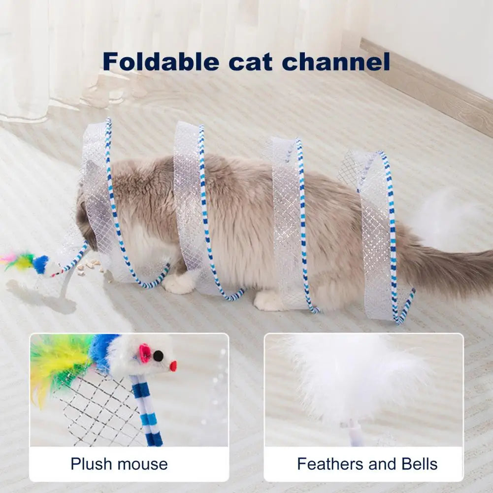 A foldable cat channel featuring a plush mouse and feathers and bells for indoor play.